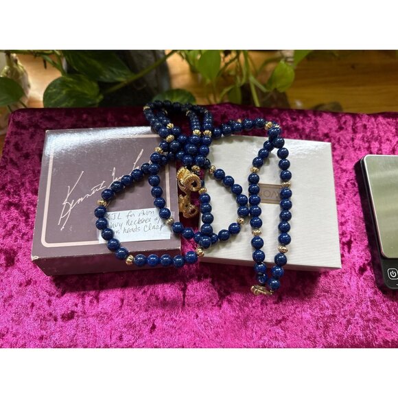 KJL For Avon Double Rams Heads Gold-Tone Necklace With Blue Beads - Picture 7 of 8